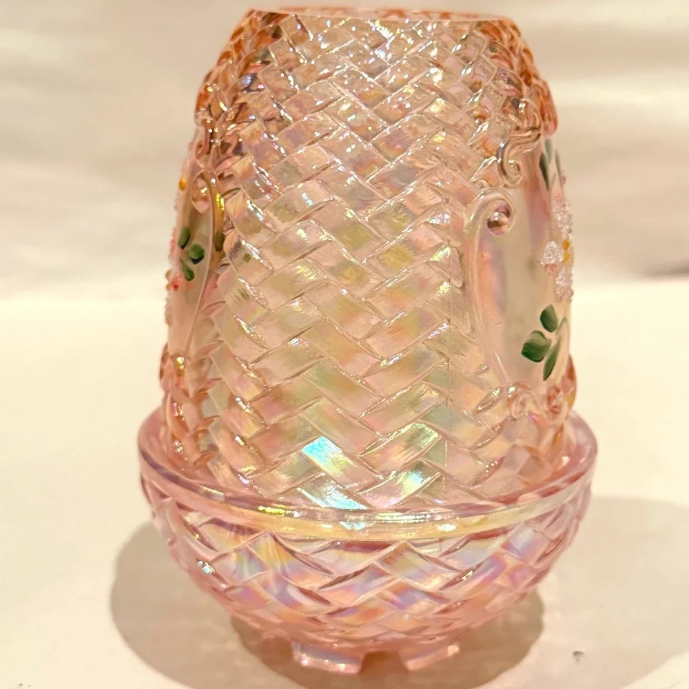 Fenton Champagne Basketweave Fairy Lamp Hand Painted Signed Sharon Fisher